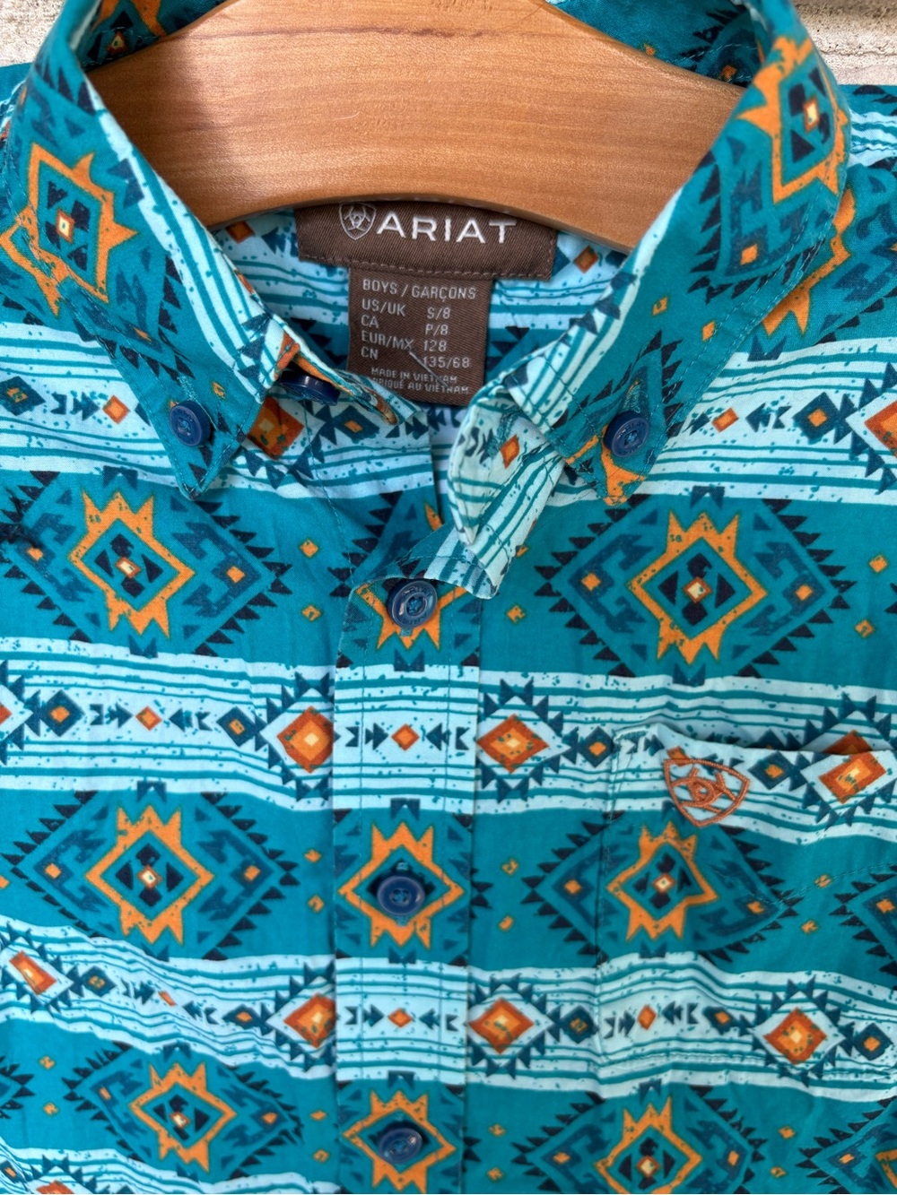 Boys Ariat Konner Classic Turquoise Patterned Short-Sleeve Shirt. S/8 - Picture 4 of 4
